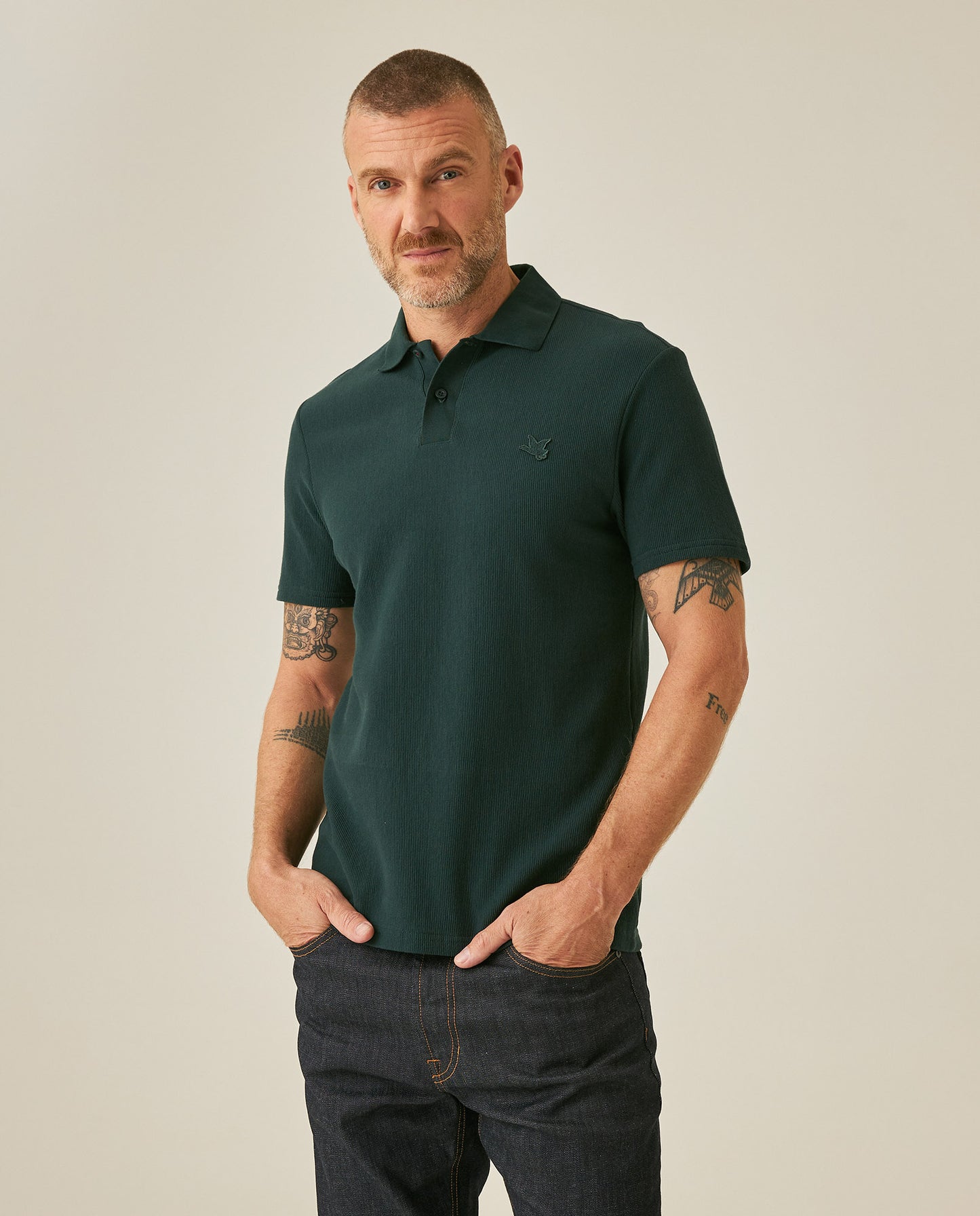 Mens Polo Shirt Slim Fit Short Sleeve Vertical Rib Cotton Embossed Embroidered Duck Knit Details - Dark Green 63_601H009_VER195406_0