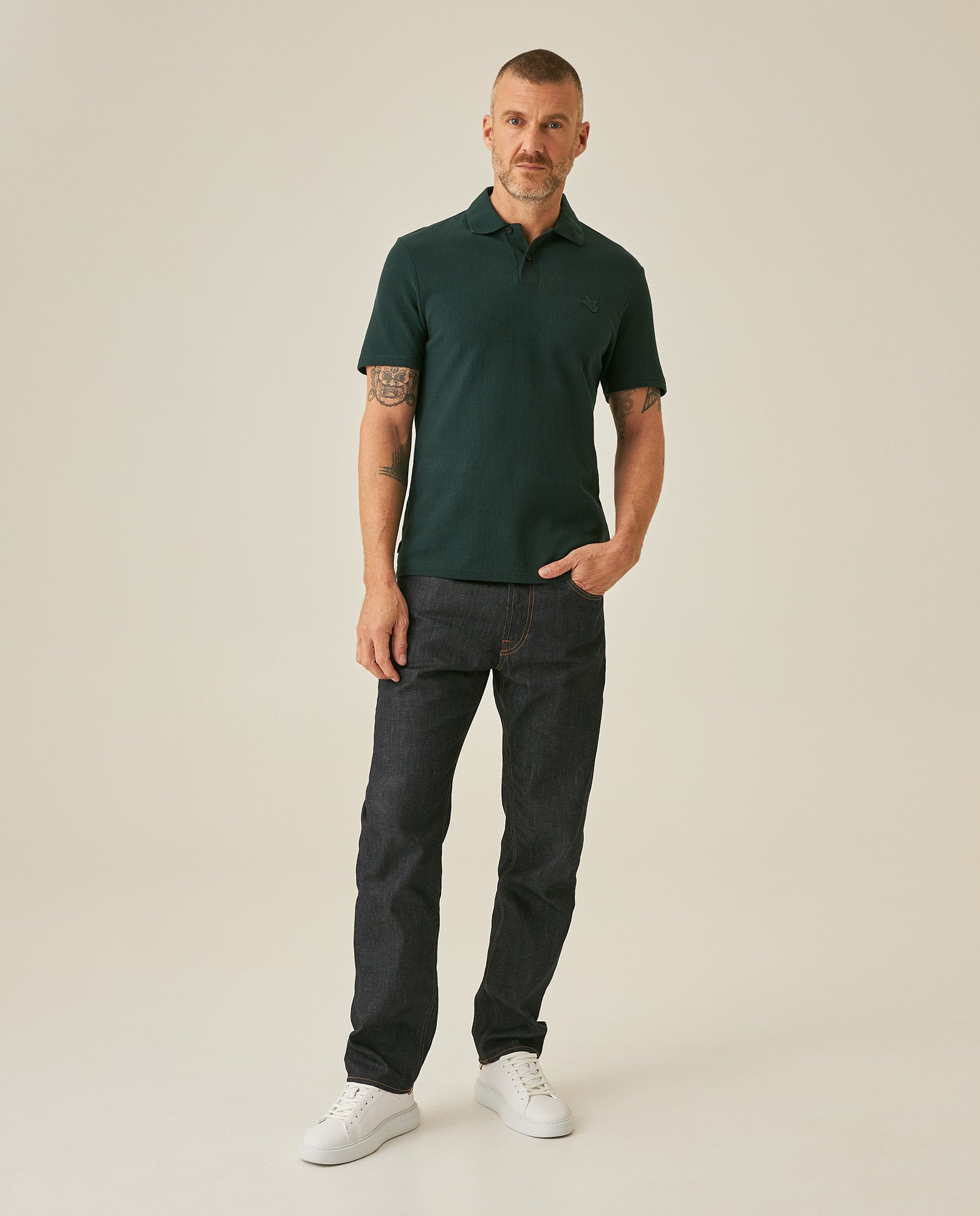 Mens Polo Shirt Slim Fit Short Sleeve Vertical Rib Cotton Embossed Embroidered Duck Knit Details - Dark Green 63_601H009_VER195406_4