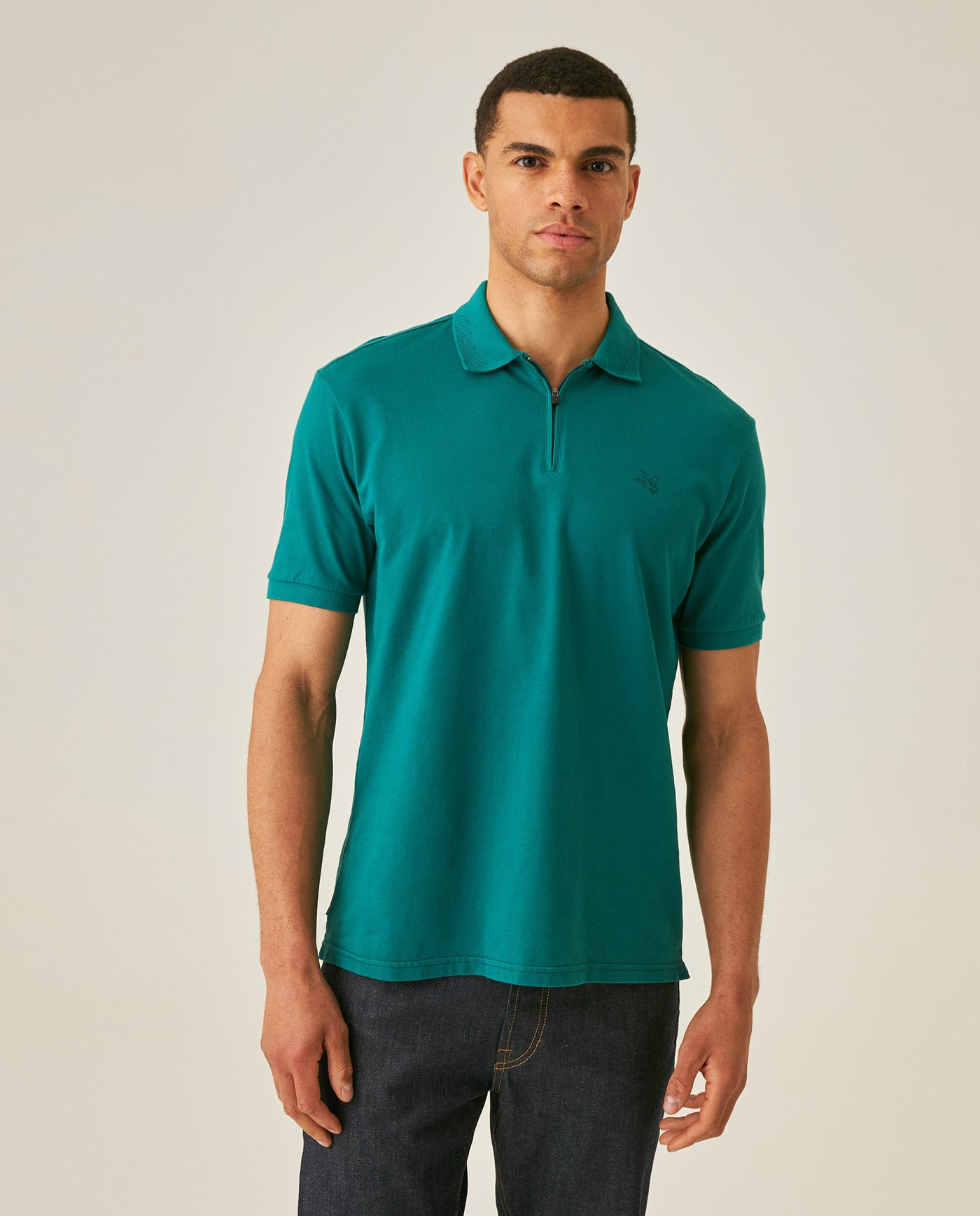Mens Polo Shirt Classic Fit Zip Closure Piqué Cotton Elastane Minimalist Outline Duck Embroidery - Green 63_601H010_VER185322_0