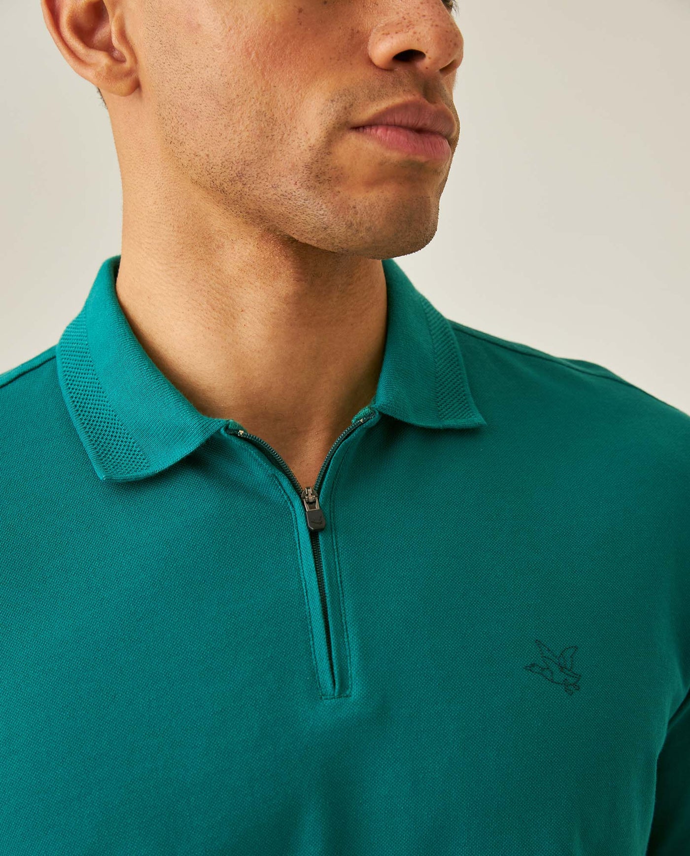 Mens Polo Shirt Classic Fit Zip Closure Piqué Cotton Elastane Minimalist Outline Duck Embroidery - Green 63_601H010_VER185322_5
