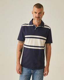 Mens Polo Shirt Slim Fit Summer Pre-Dyed Stripe Cotton Elastane Linen Effect Vibrant Red Details - Blue 63_601H011_AZU193924_0
