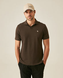 Mens Polo Shirt Slim Fit Short Sleeve V Placket Piqué Cotton Elastane Wide Collar Channel Vibrant Duck - Brown 63_601H012_CAF191016_0