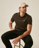 Mens Polo Shirt Slim Fit Short Sleeve V Placket Piqué Cotton Elastane Wide Collar Channel Vibrant Duck - Brown 63_601H012_CAF191016_4