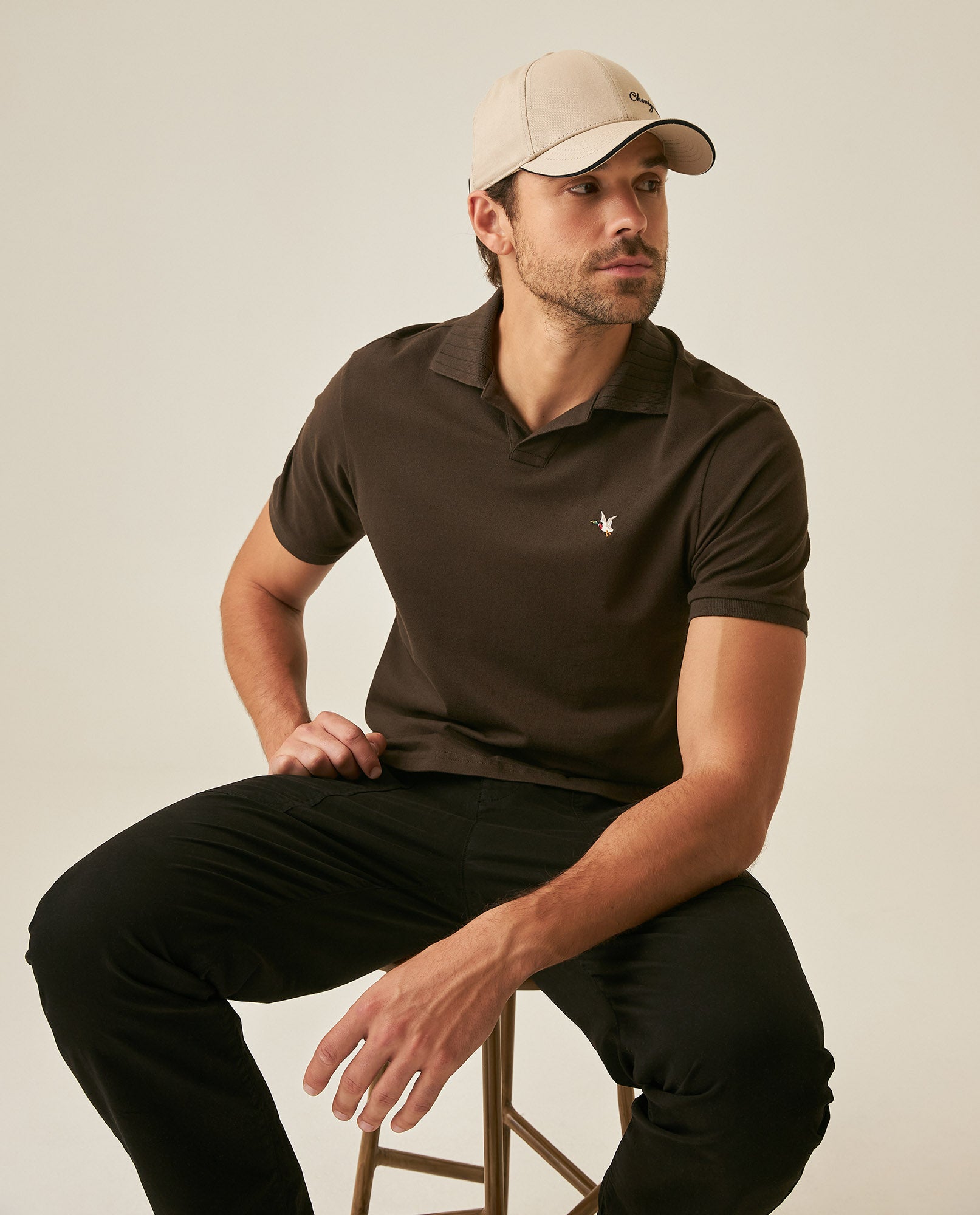 Mens Polo Shirt Slim Fit Short Sleeve V Placket Piqué Cotton Elastane Wide Collar Channel Vibrant Duck - Brown 63_601H012_CAF191016_4