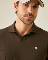 Mens Polo Shirt Slim Fit Short Sleeve V Placket Piqué Cotton Elastane Wide Collar Channel Vibrant Duck - Brown 63_601H012_CAF191016_5