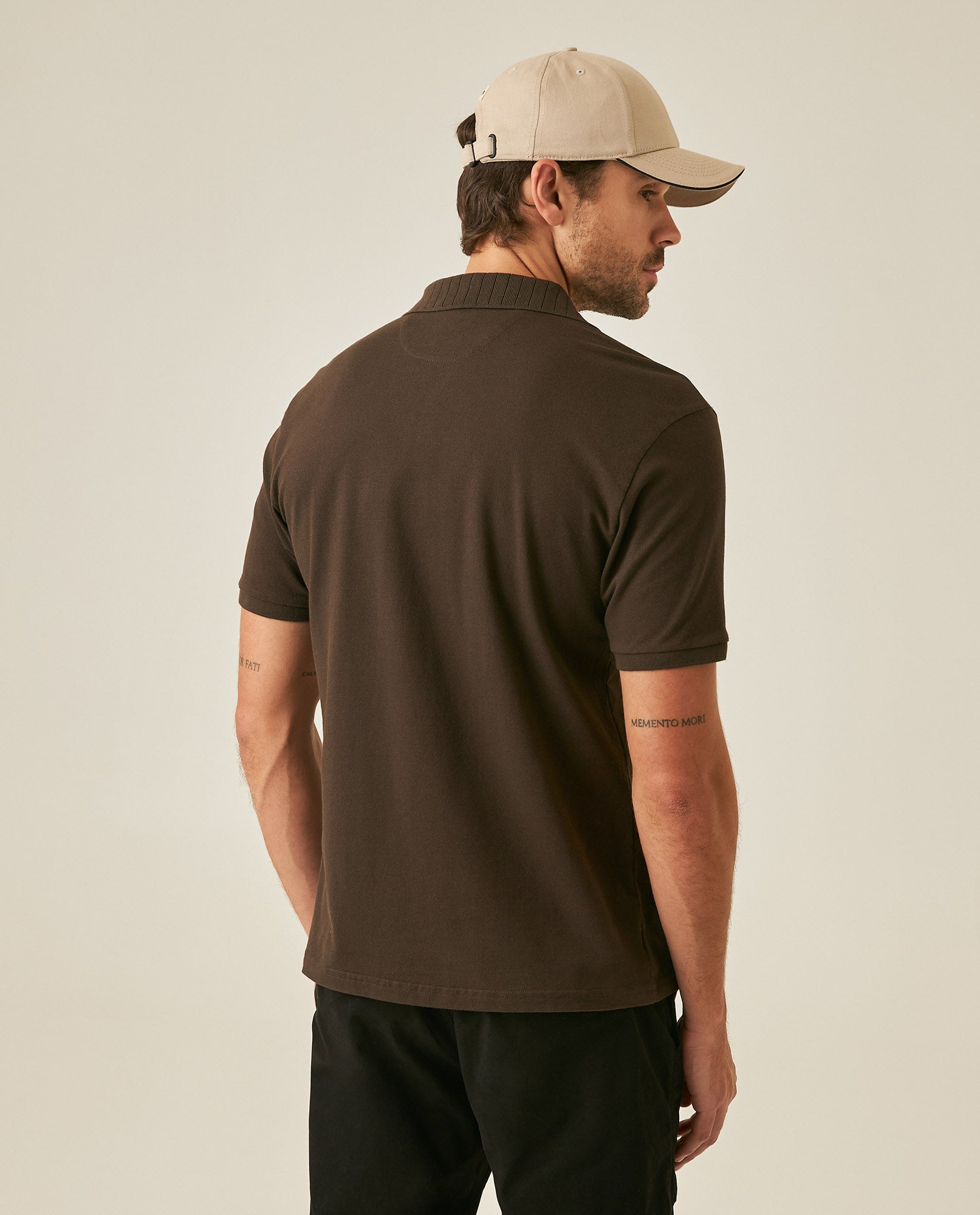 Mens Polo Shirt Slim Fit Short Sleeve V Placket Piqué Cotton Elastane Wide Collar Channel Vibrant Duck - Brown 63_601H012_CAF191016_6