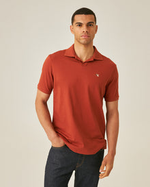 Mens Polo Shirt Slim Fit Short Sleeve V Placket Piqué Cotton Elastane Wide Collar Channel Vibrant Duck - Brown 63_601H012_CAF191245_0