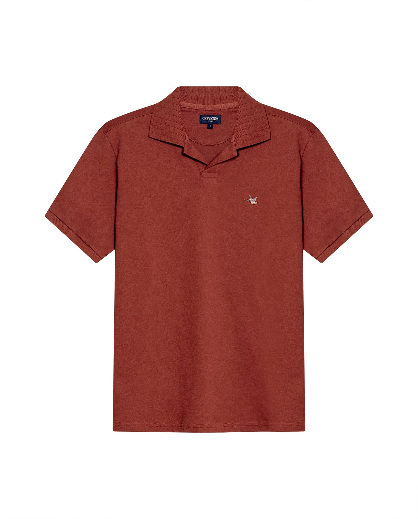 Mens Polo Shirt Slim Fit Short Sleeve V Placket Piqué Cotton Elastane Wide Collar Channel Vibrant Duck - Brown 63_601H012_CAF191245_3