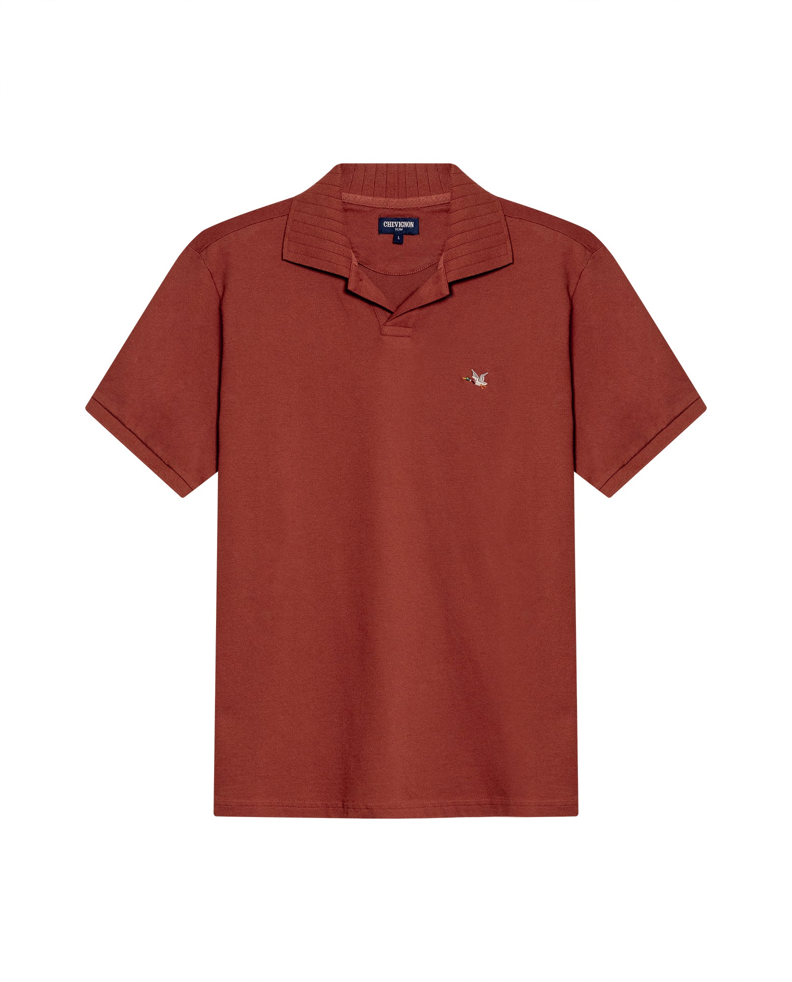 Mens Polo Shirt Slim Fit Short Sleeve V Placket Piqué Cotton Elastane Wide Collar Channel Vibrant Duck - Brown 63_601H012_CAF191245_3