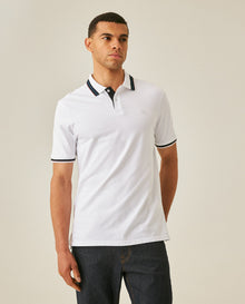 Mens Polo Shirt Slim Fit Short Sleeve Internal Placket Piqué Cotton Elastane Contrast Collar Lines - White 63_601H013_BLA110601_0
