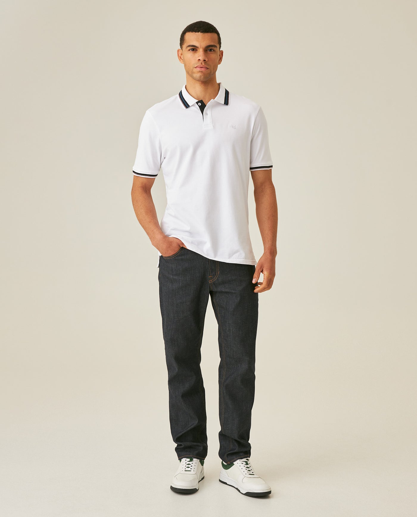 Mens Polo Shirt Slim Fit Short Sleeve Internal Placket Piqué Cotton Elastane Contrast Collar Lines - White 63_601H013_BLA110601_4