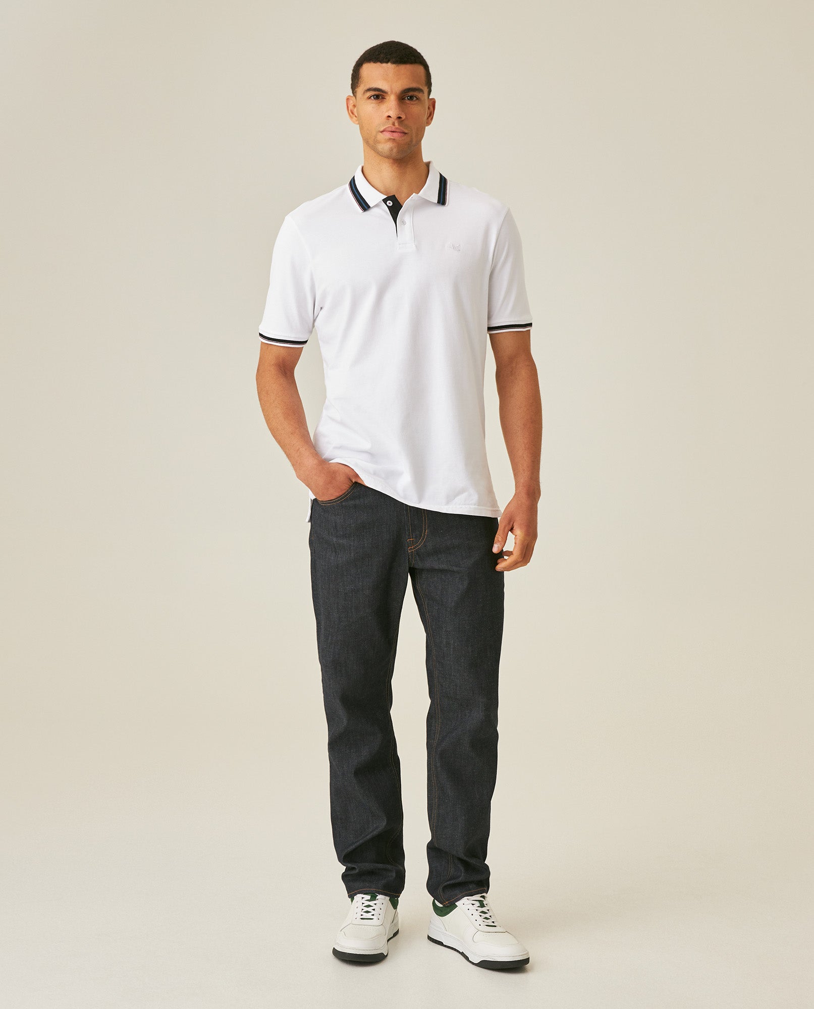 Mens Polo Shirt Slim Fit Short Sleeve Internal Placket Piqué Cotton Elastane Contrast Collar Lines - White 63_601H013_BLA110601_4