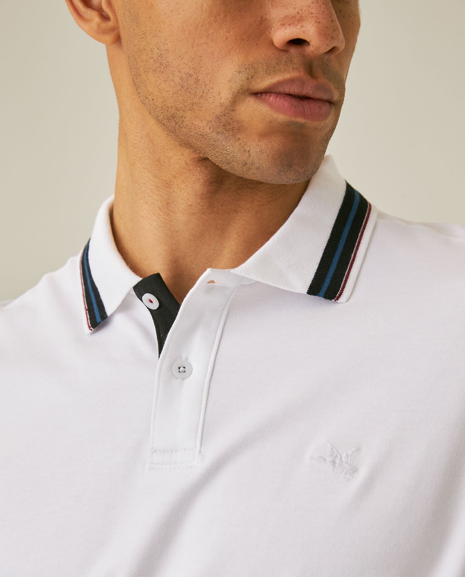 Mens Polo Shirt Slim Fit Short Sleeve Internal Placket Piqué Cotton Elastane Contrast Collar Lines - White 63_601H013_BLA110601_5