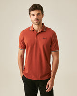 Mens Polo Shirt Classic Fit Short Sleeve Piqué Cotton Elastane Knit Pinstripe Collar Cuffs Embroidered - Brown 63_601H016_CAF191245_0