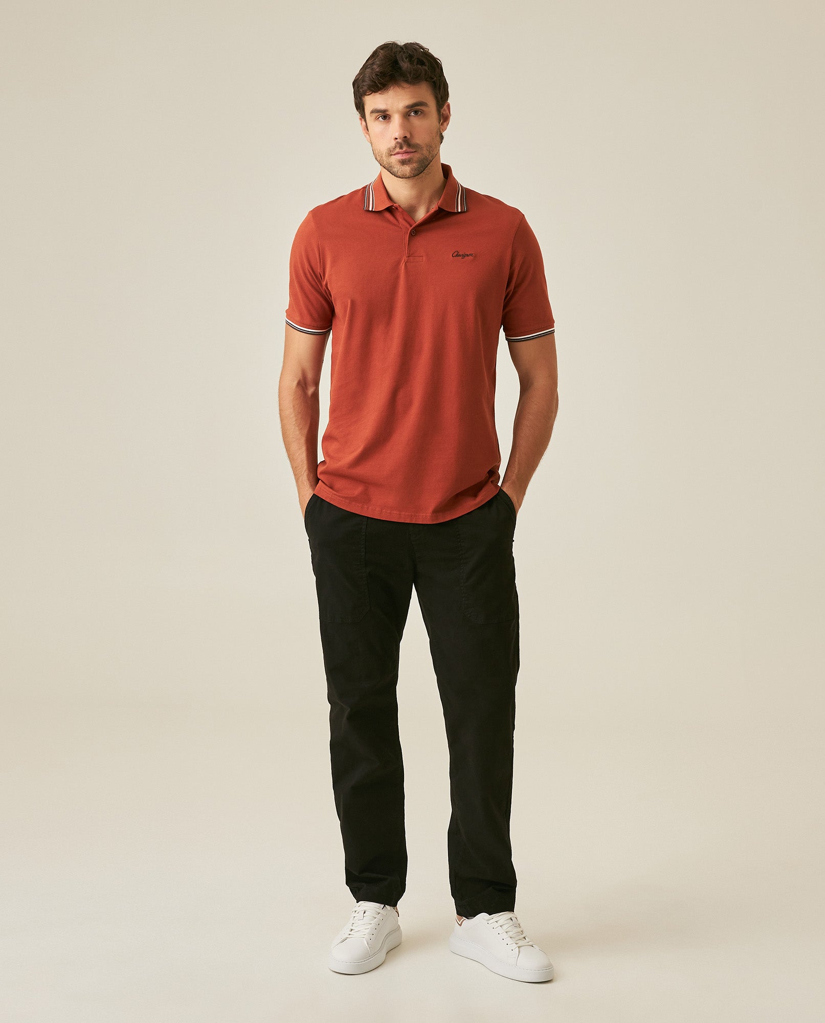 Mens Polo Shirt Classic Fit Short Sleeve Piqué Cotton Elastane Knit Pinstripe Collar Cuffs Embroidered - Brown 63_601H016_CAF191245_4