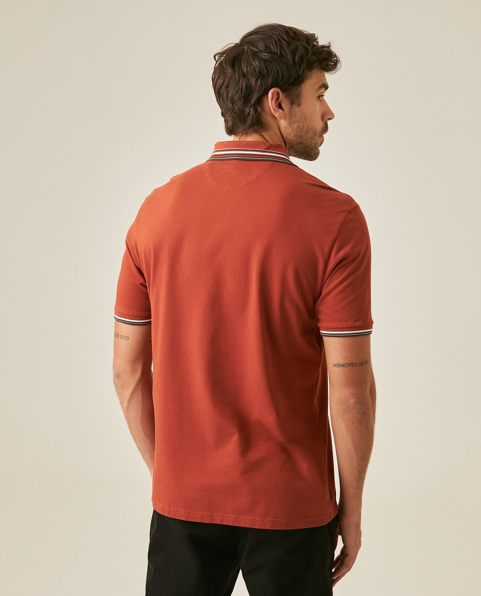 Mens Polo Shirt Classic Fit Short Sleeve Piqué Cotton Elastane Knit Pinstripe Collar Cuffs Embroidered - Brown 63_601H016_CAF191245_6