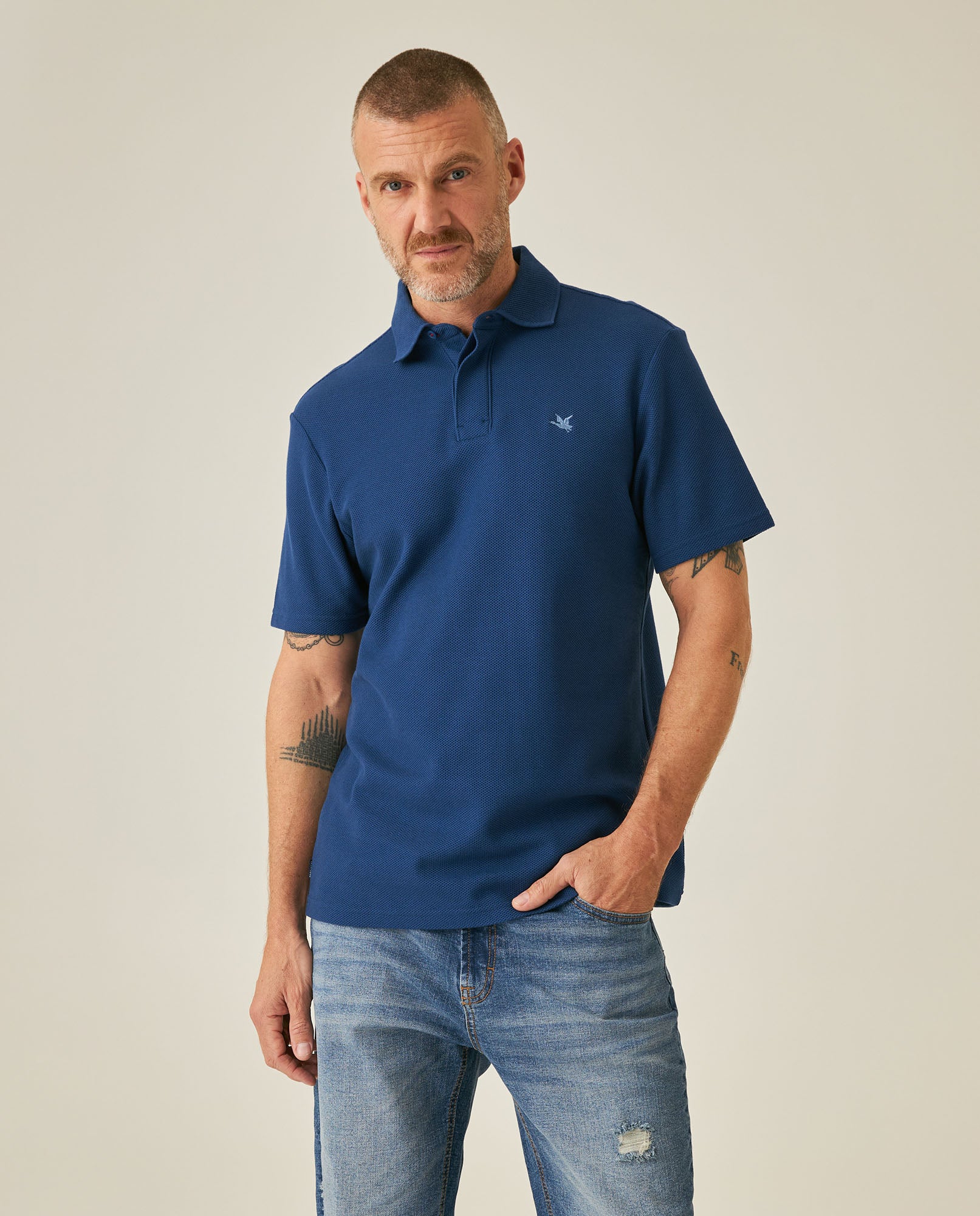 Mens Polo Shirt Classic Fit Short Sleeve Honeycomb Piqué Cotton Hidden Placket Jacquard Collar - Blue 63_601H018_AZU194031_0