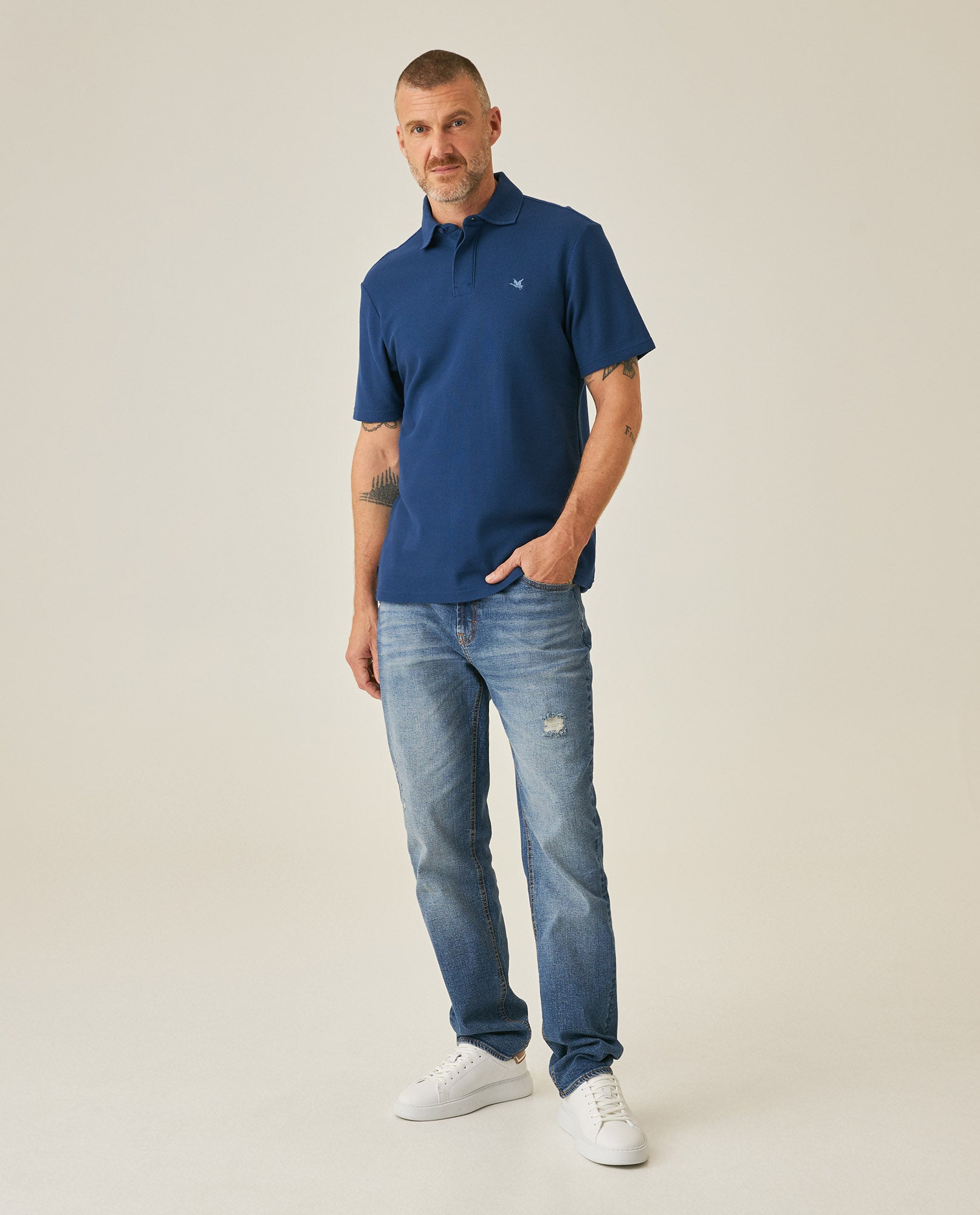 Mens Polo Shirt Classic Fit Short Sleeve Honeycomb Piqué Cotton Hidden Placket Jacquard Collar - Blue 63_601H018_AZU194031_4
