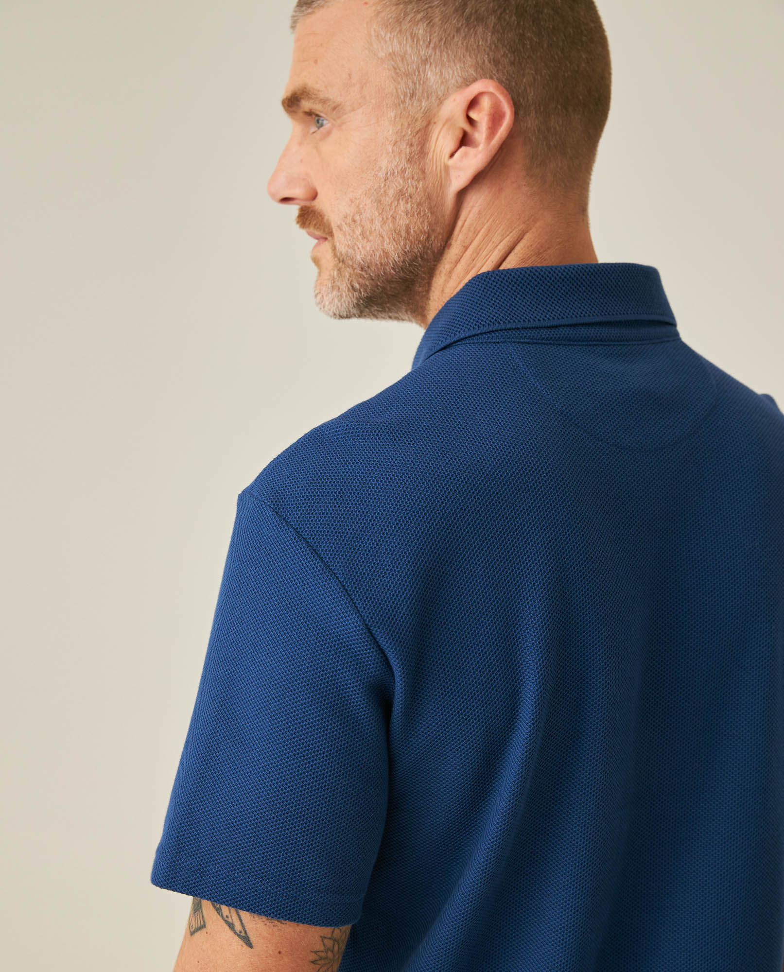 Mens Polo Shirt Classic Fit Short Sleeve Honeycomb Piqué Cotton Hidden Placket Jacquard Collar - Blue 63_601H018_AZU194031_7