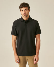 Mens Polo Shirt Classic Fit Short Sleeve Honeycomb Piqué Cotton Hidden Placket Jacquard Collar - Black 63_601H018_NEG194007_0
