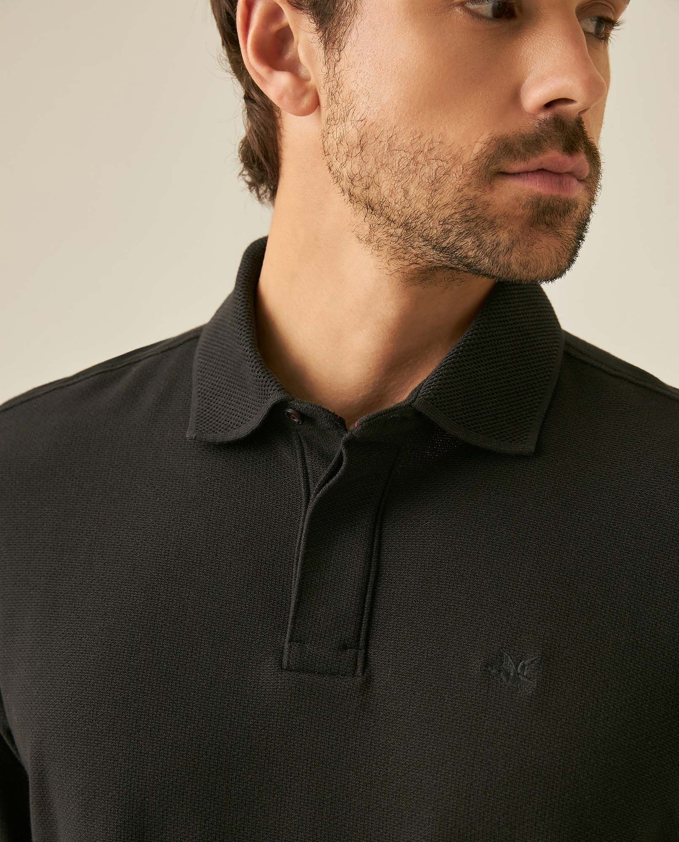 Mens Polo Shirt Classic Fit Short Sleeve Honeycomb Piqué Cotton Hidden Placket Jacquard Collar - Black 63_601H018_NEG194007_5