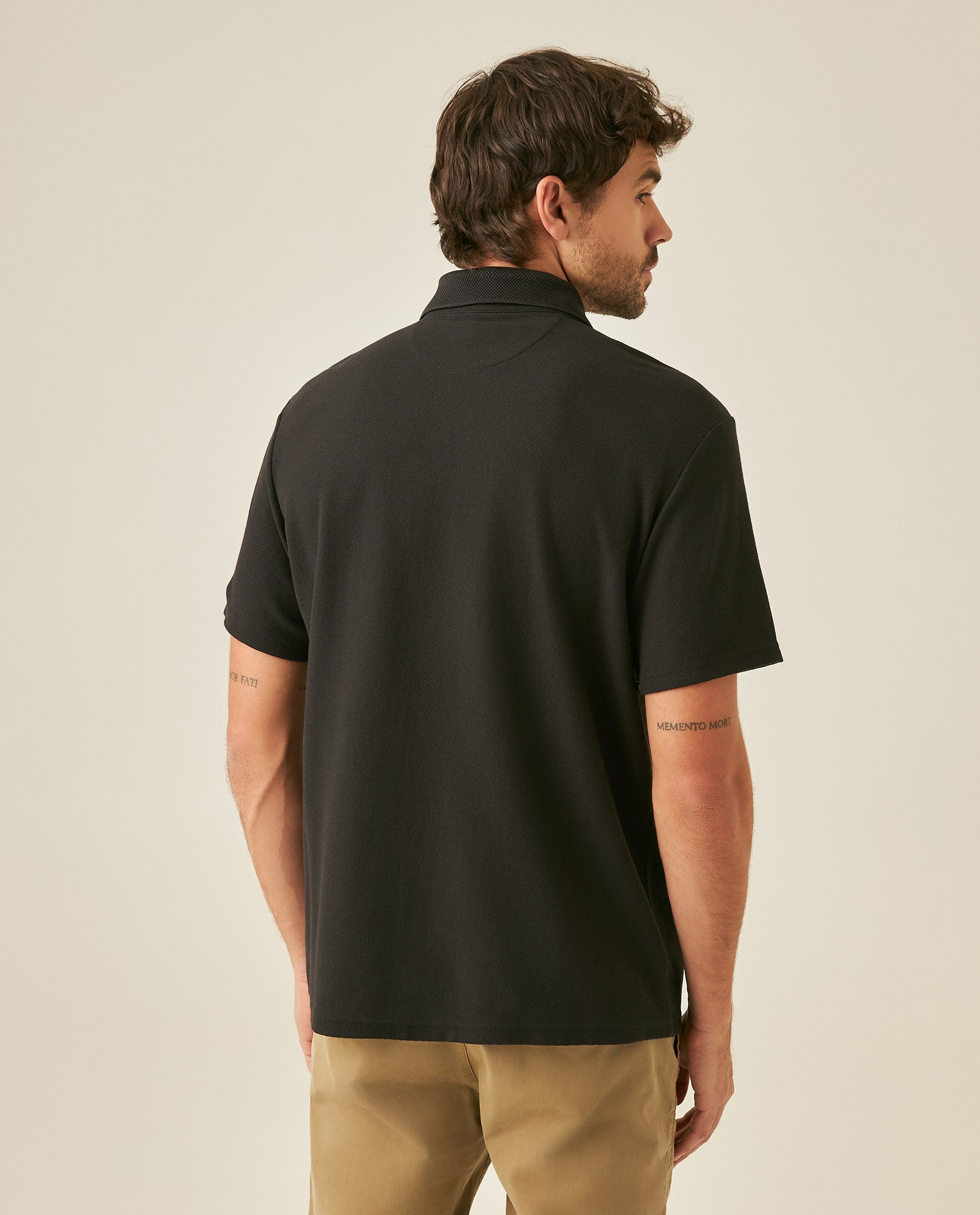 Mens Polo Shirt Classic Fit Short Sleeve Honeycomb Piqué Cotton Hidden Placket Jacquard Collar - Black 63_601H018_NEG194007_6