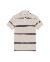 Mens Polo Shirt Slim Fit Short Sleeve Pre-Dyed Stripe Cotton Elastane Linen Effect Zip Placket - Gray 63_601H019_GRI171107_0