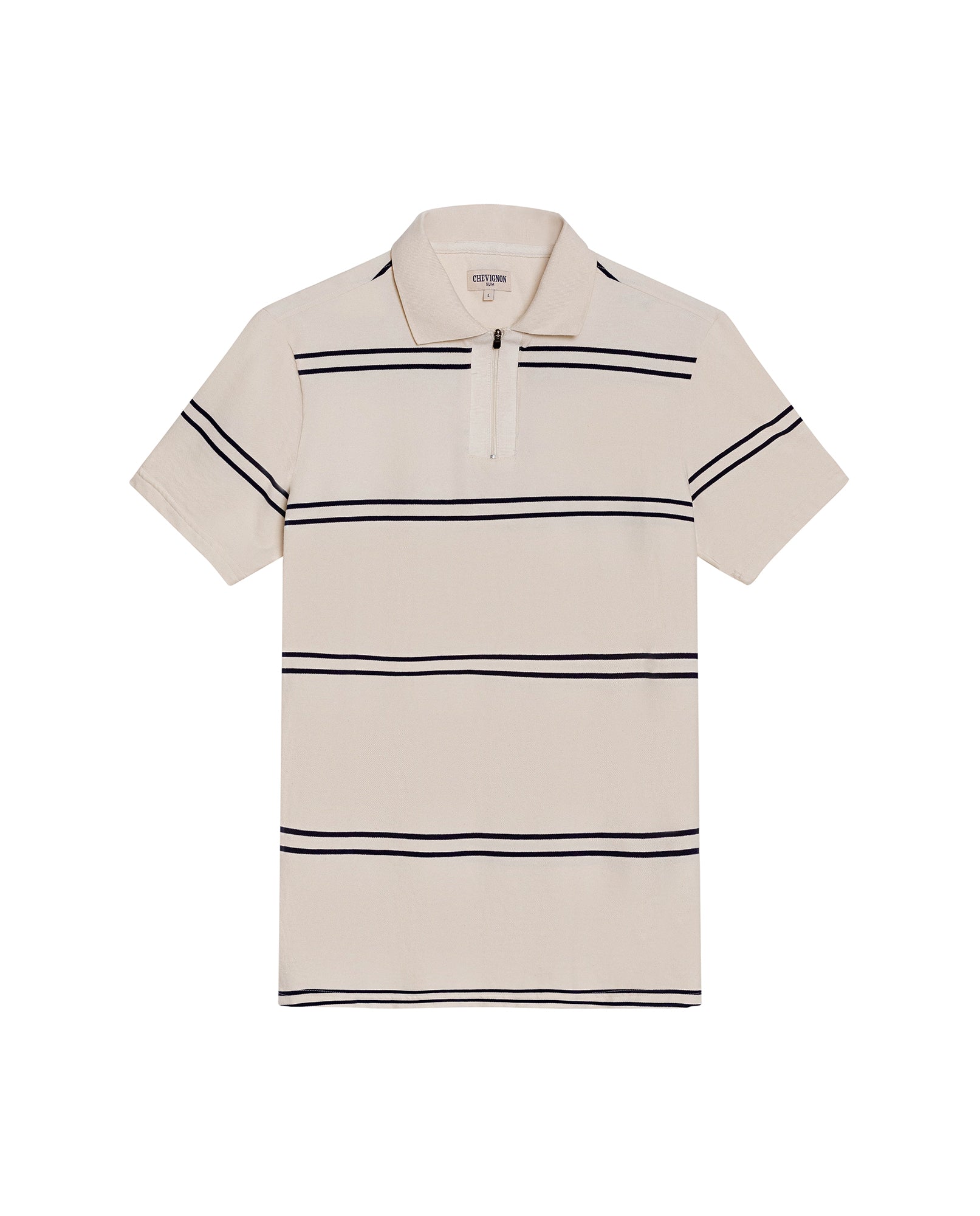 Mens Polo Shirt Slim Fit Short Sleeve Pre-Dyed Stripe Cotton Elastane Linen Effect Zip Placket - Gray 63_601H019_GRI171107_0