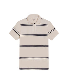 Mens Polo Shirt Slim Fit Short Sleeve Pre-Dyed Stripe Cotton Elastane Linen Effect Zip Placket - Gray 63_601H019_GRI171107_0