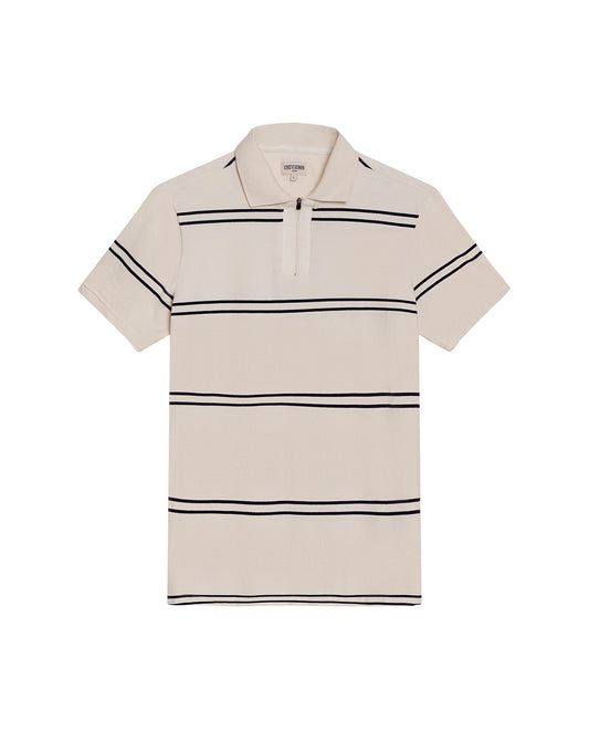 Mens Polo Shirt Slim Fit Short Sleeve Pre-Dyed Stripe Cotton Elastane Linen Effect Zip Placket - Gray 63_601H019_GRI171107_0