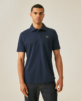 Mens Polo Shirt Slim Fit Short Sleeve Diagonal Piqué Cotton Polyester Large 1957 Embroidery Textured Button - Blue 63_601H022_AZU193924_0