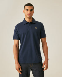 Mens Polo Shirt Slim Fit Short Sleeve Diagonal Piqué Cotton Polyester Large 1957 Embroidery Textured Button - Blue 63_601H022_AZU193924_0