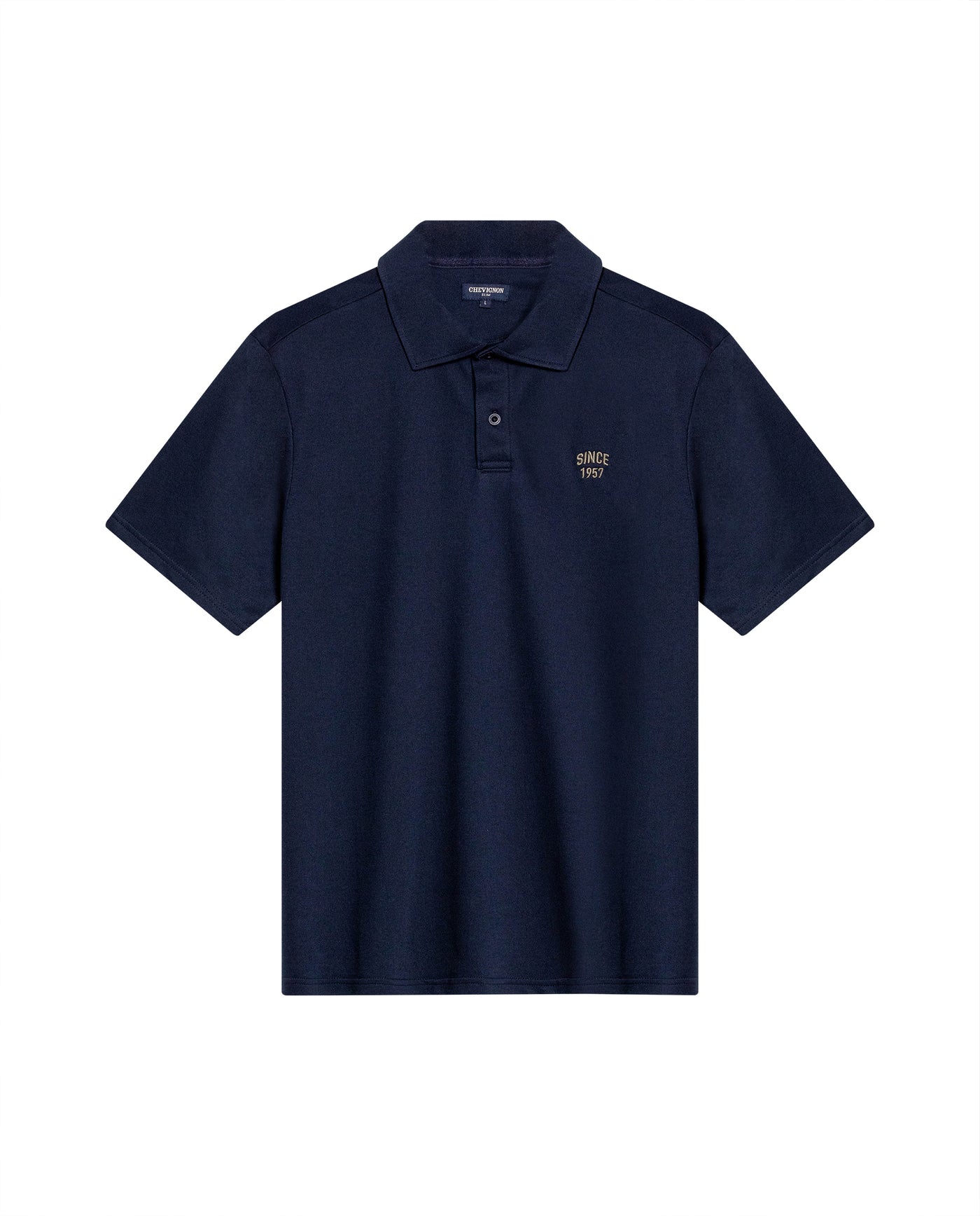 Mens Polo Shirt Slim Fit Short Sleeve Diagonal Piqué Cotton Polyester Large 1957 Embroidery Textured Button - Blue 63_601H022_AZU193924_3
