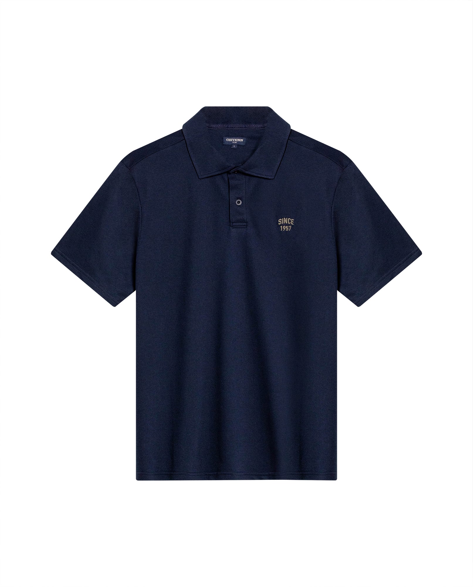 Mens Polo Shirt Slim Fit Short Sleeve Diagonal Piqué Cotton Polyester Large 1957 Embroidery Textured Button - Blue 63_601H022_AZU193924_3
