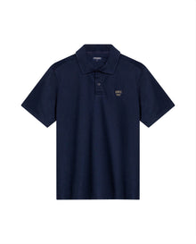 Mens Polo Shirt Slim Fit Short Sleeve Diagonal Piqué Cotton Polyester Large 1957 Embroidery Textured Button - Blue 63_601H022_AZU193924_3