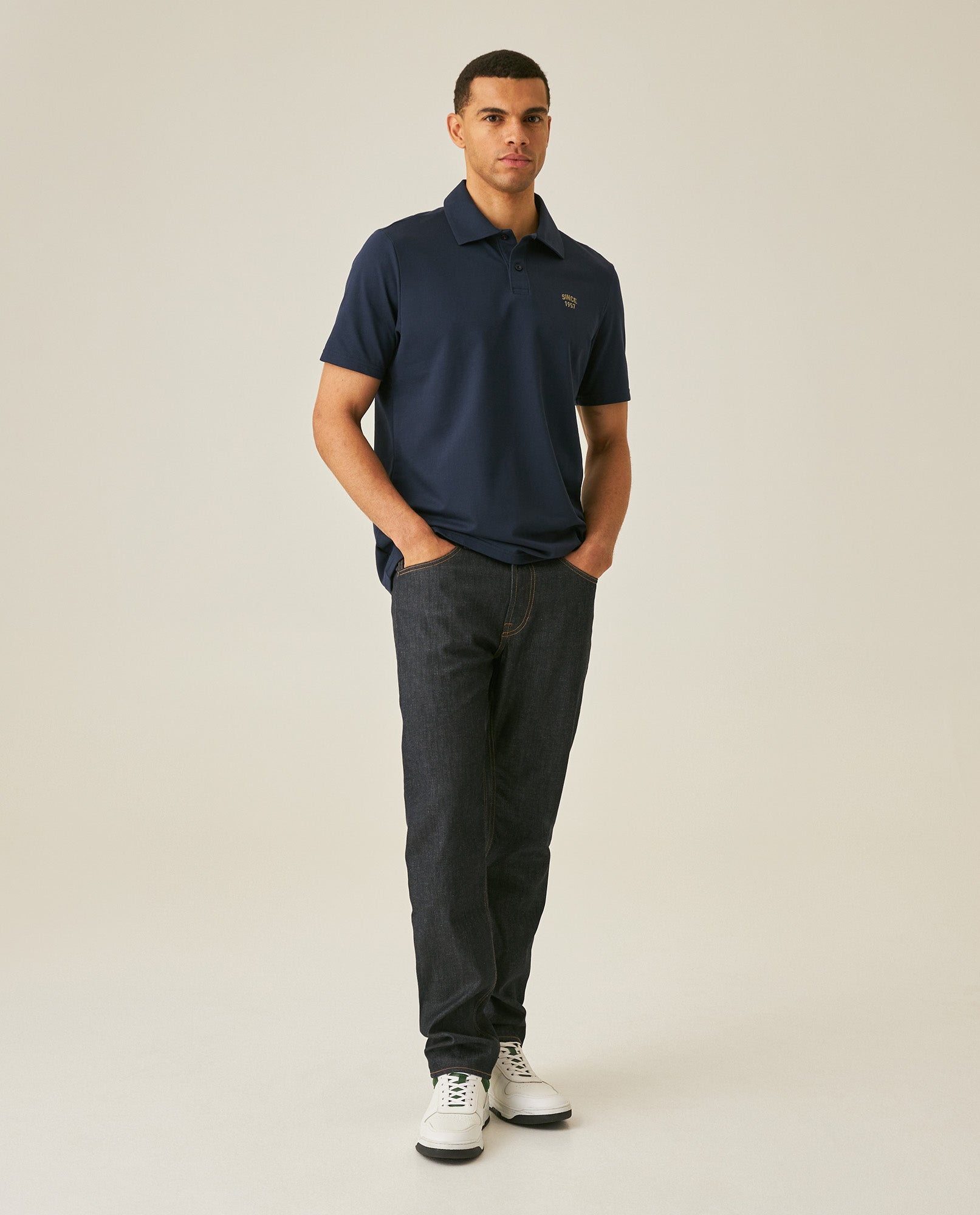 Mens Polo Shirt Slim Fit Short Sleeve Diagonal Piqué Cotton Polyester Large 1957 Embroidery Textured Button - Blue 63_601H022_AZU193924_4