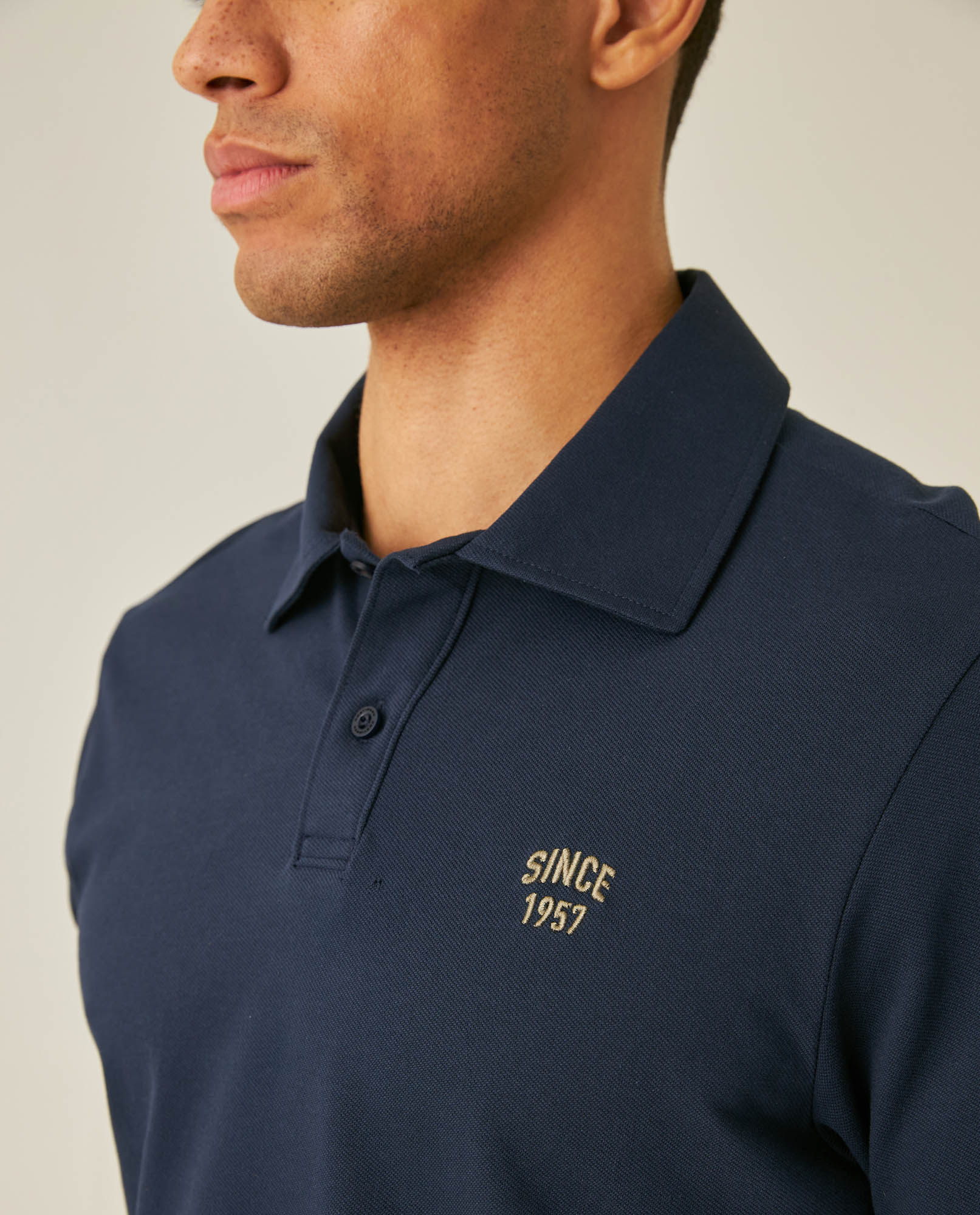 Mens Polo Shirt Slim Fit Short Sleeve Diagonal Piqué Cotton Polyester Large 1957 Embroidery Textured Button - Blue 63_601H022_AZU193924_5