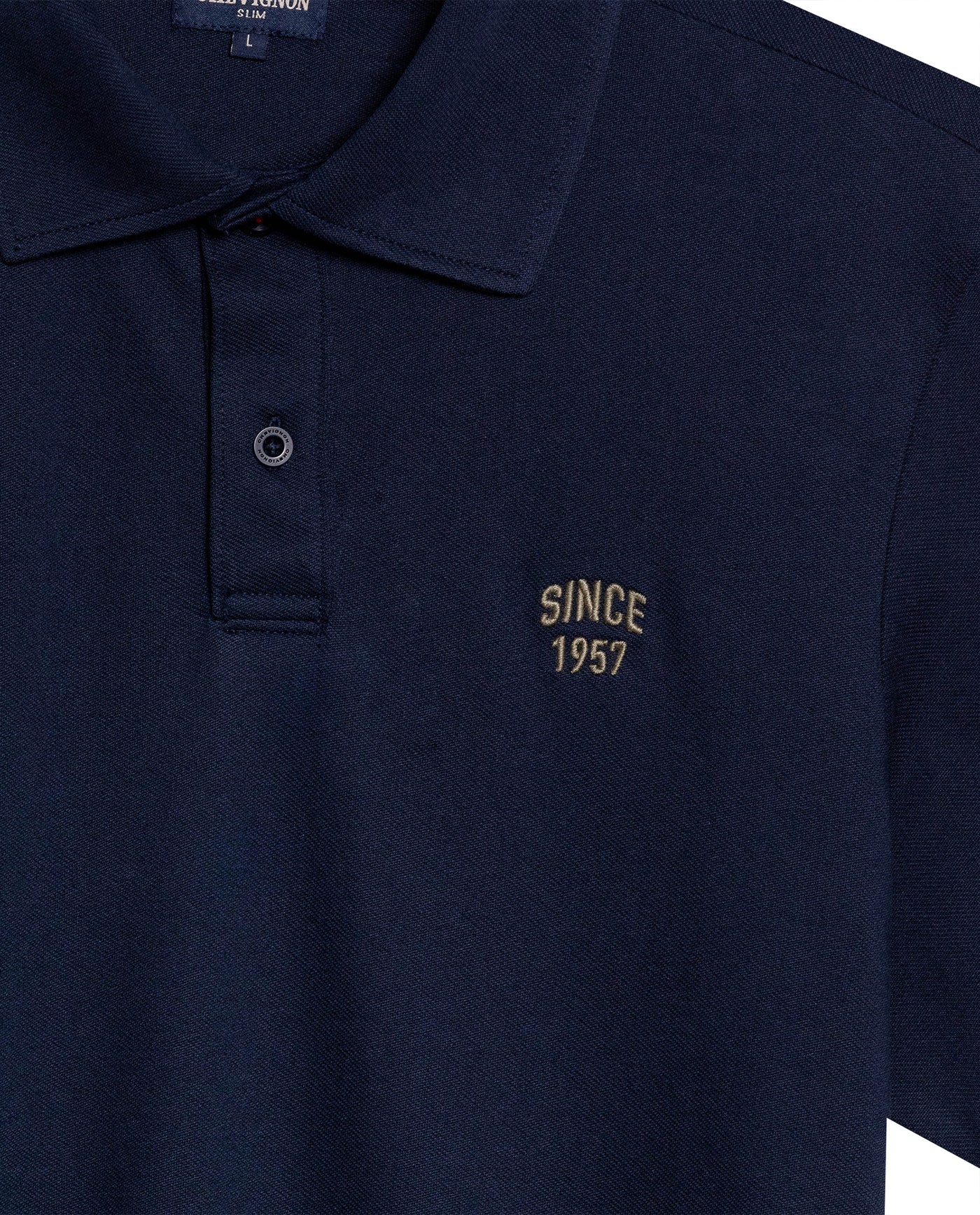 Mens Polo Shirt Slim Fit Short Sleeve Diagonal Piqué Cotton Polyester Large 1957 Embroidery Textured Button - Blue 63_601H022_AZU193924_8