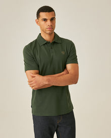 Mens Polo Shirt Slim Fit Short Sleeve Diagonal Piqué Cotton Polyester Large 1957 Embroidery Textured Button - Green 63_601H022_VER190414_0