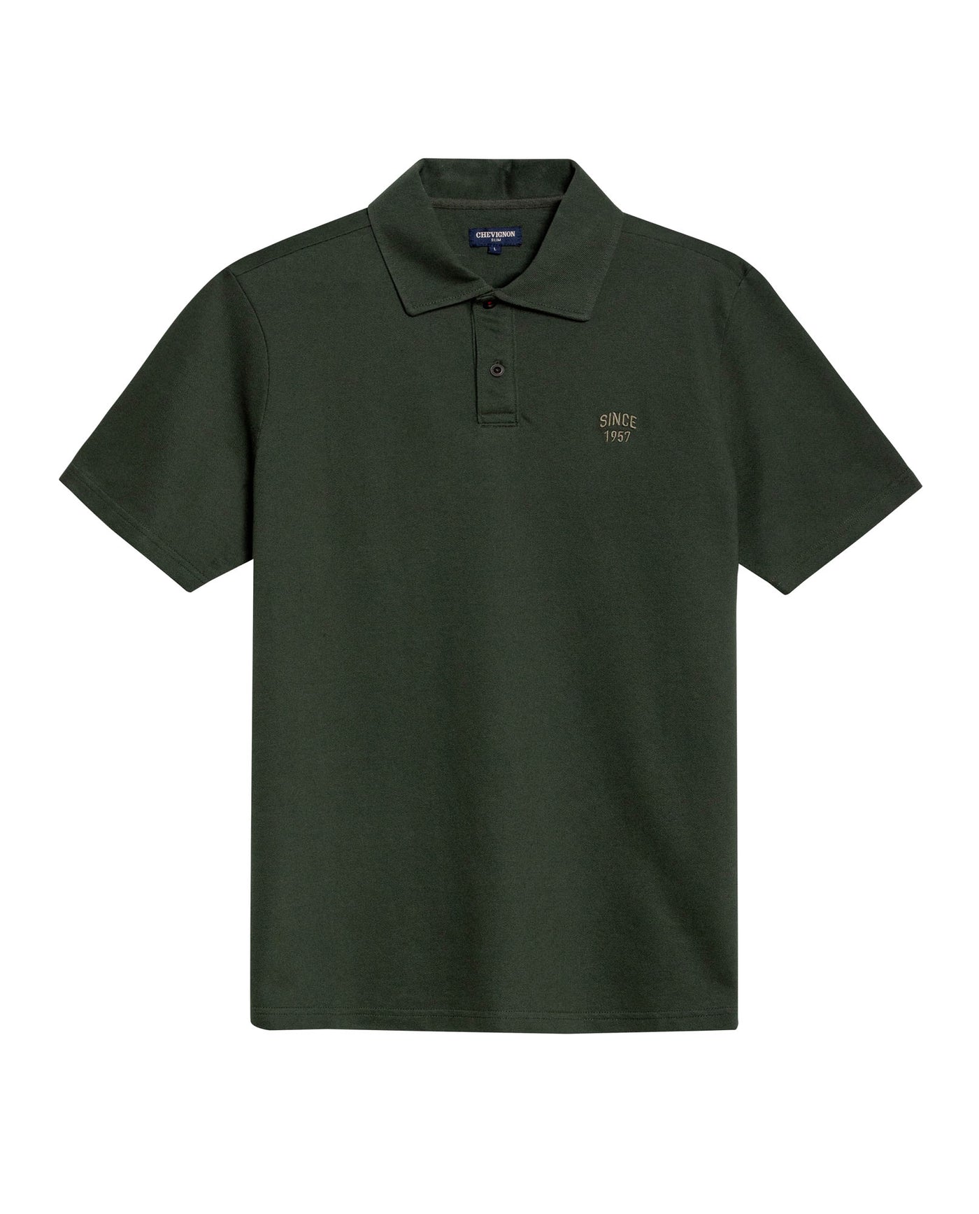 Mens Polo Shirt Slim Fit Short Sleeve Diagonal Piqué Cotton Polyester Large 1957 Embroidery Textured Button - Green 63_601H022_VER190414_3