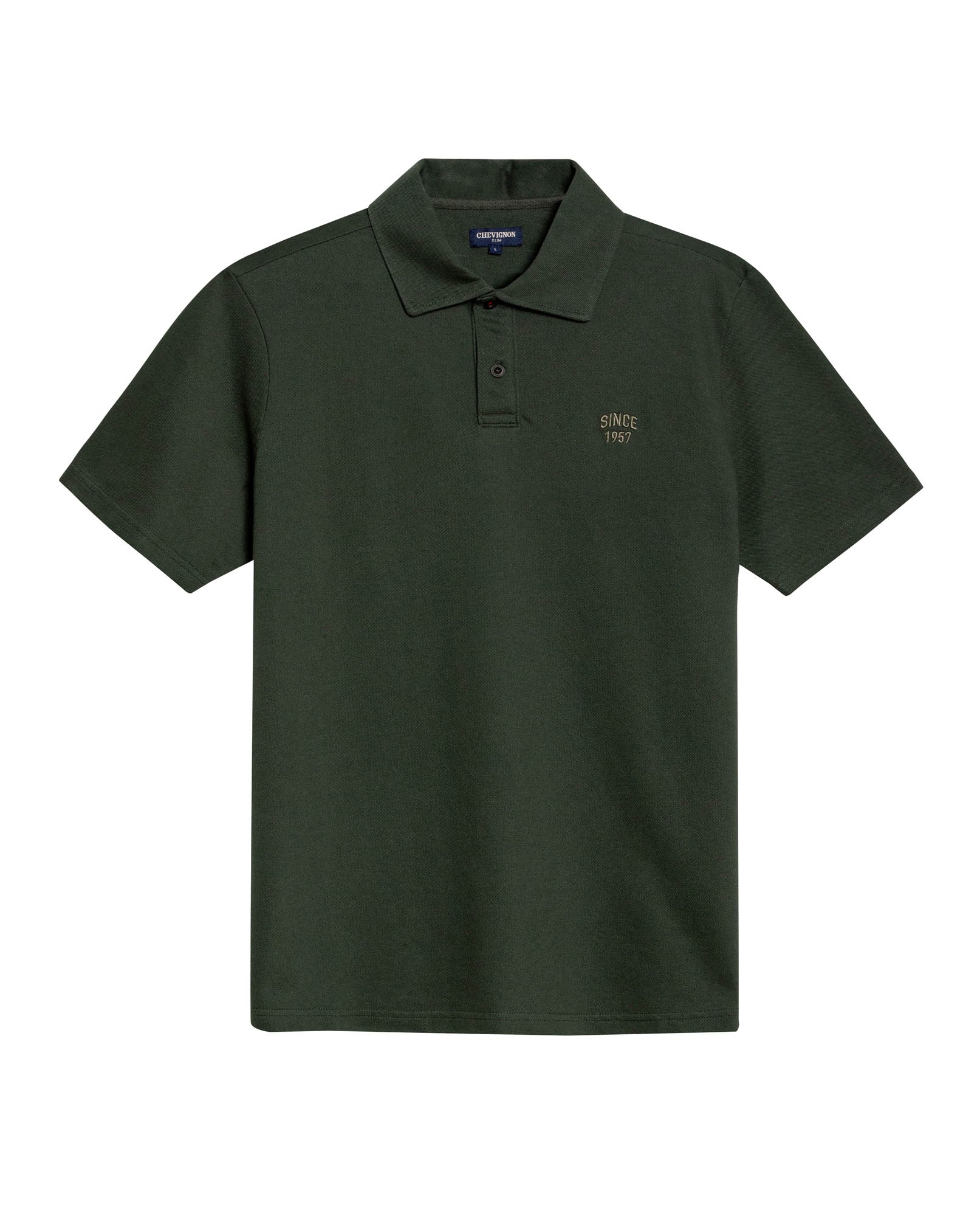 Mens Polo Shirt Slim Fit Short Sleeve Diagonal Piqué Cotton Polyester Large 1957 Embroidery Textured Button - Green 63_601H022_VER190414_3
