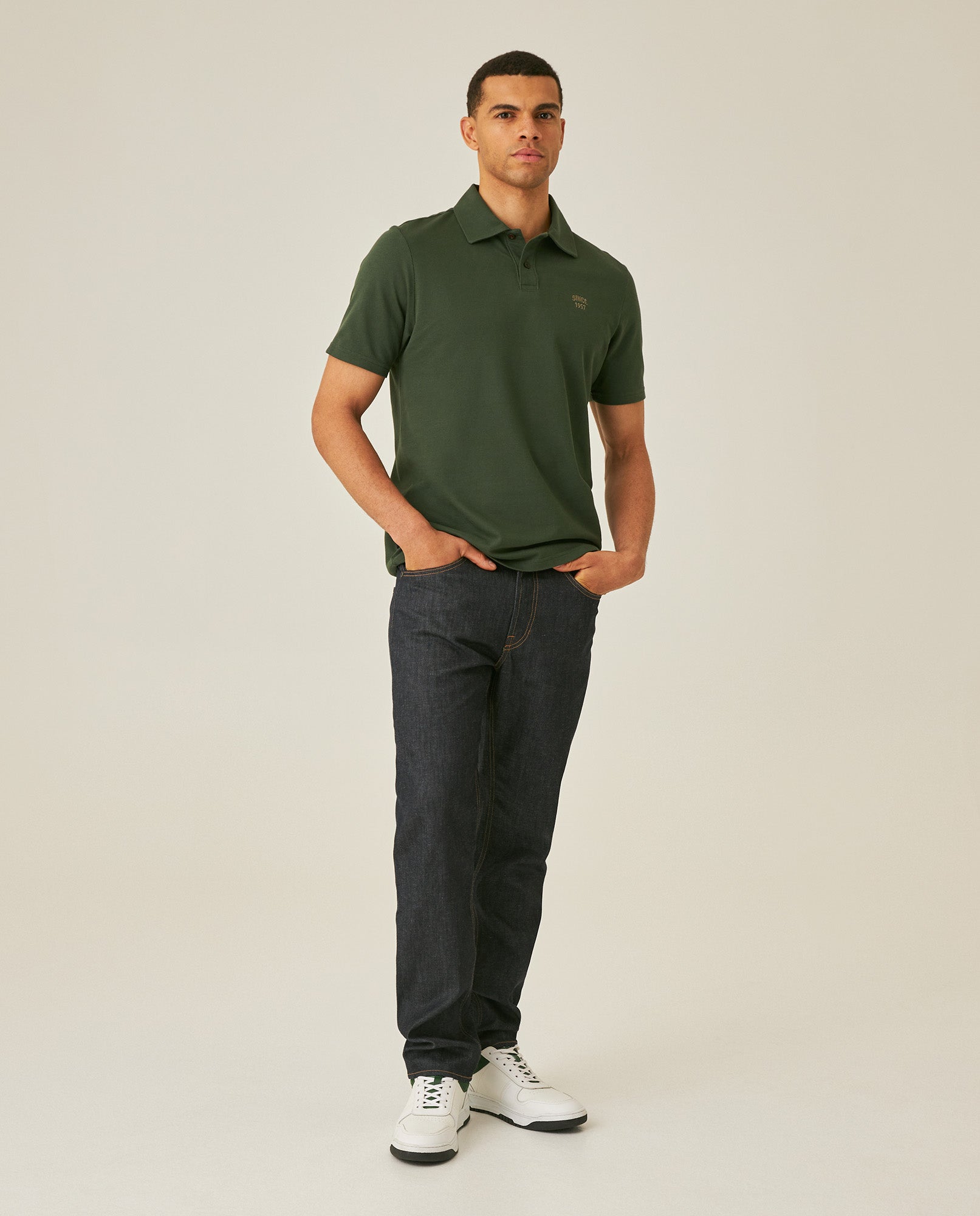 Mens Polo Shirt Slim Fit Short Sleeve Diagonal Piqué Cotton Polyester Large 1957 Embroidery Textured Button - Green 63_601H022_VER190414_4