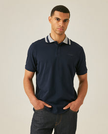 Mens Polo Shirt Slim Fit Short Sleeve Piqué Cotton Elastane Renewed Placket Contrast Block Collar - Blue 63_601H023_AZU193924_0