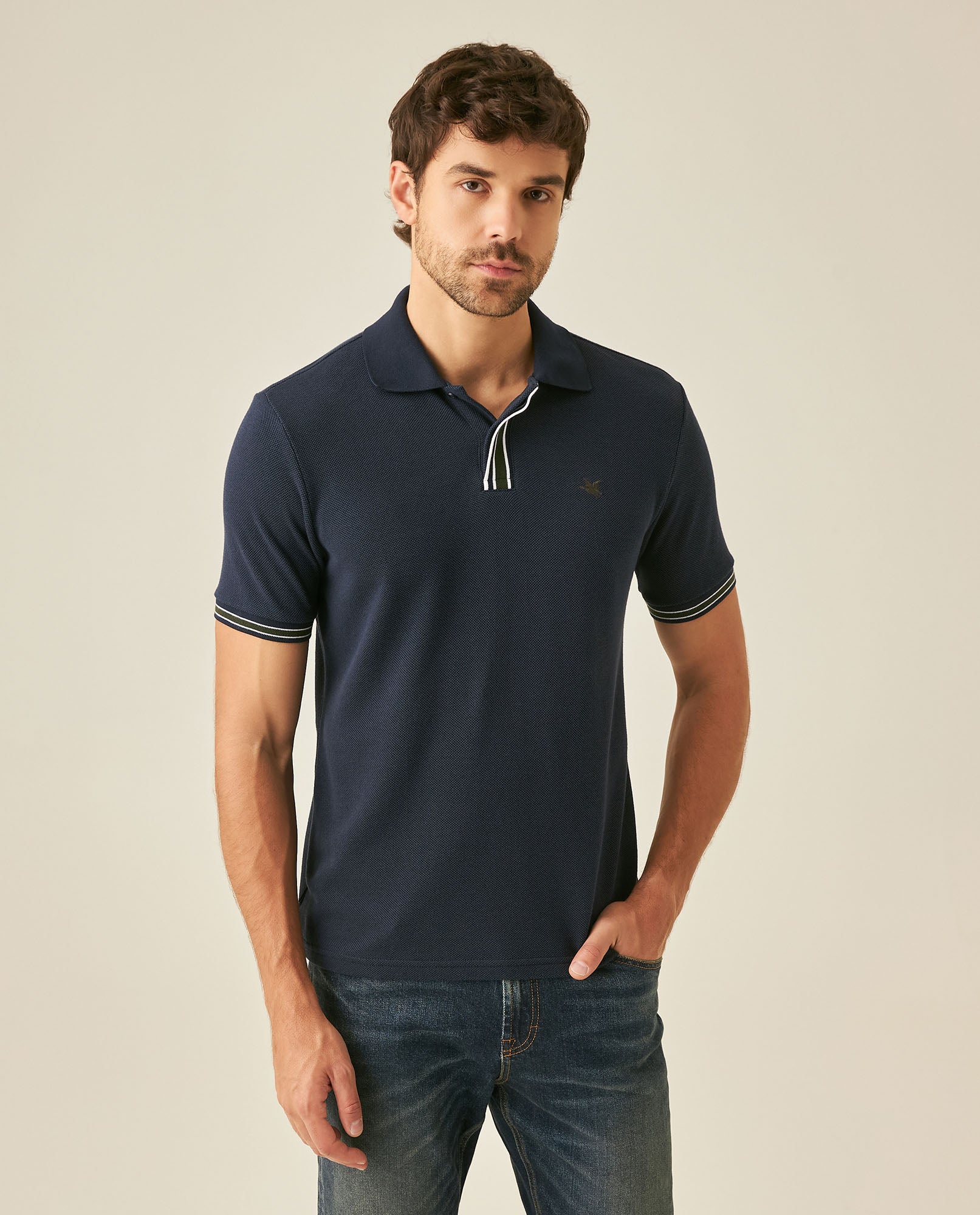 Mens Polo Shirt Slim Fit Short Sleeve Piqué Cotton Viscose Hidden Knit Placket Vibrant Stripe - Blue 63_601H024_AZU193924_0
