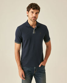 Mens Polo Shirt Slim Fit Short Sleeve Piqué Cotton Viscose Hidden Knit Placket Vibrant Stripe - Blue 63_601H024_AZU193924_0