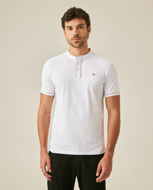 Mens Polo Shirt Slim Fit Mandarin Collar Short Sleeve Piqué Cotton Elastane Contrast Bias Details - White 63_601H027_BLA110601_0