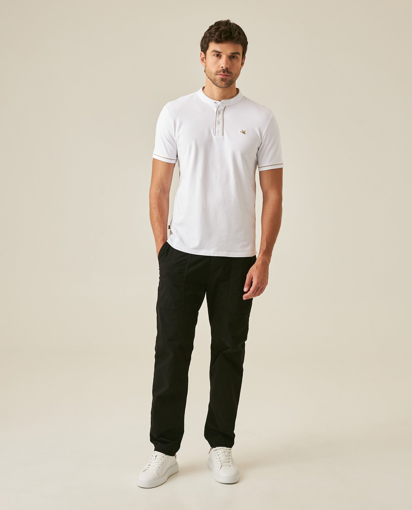 Mens Polo Shirt Slim Fit Mandarin Collar Short Sleeve Piqué Cotton Elastane Contrast Bias Details - White 63_601H027_BLA110601_4
