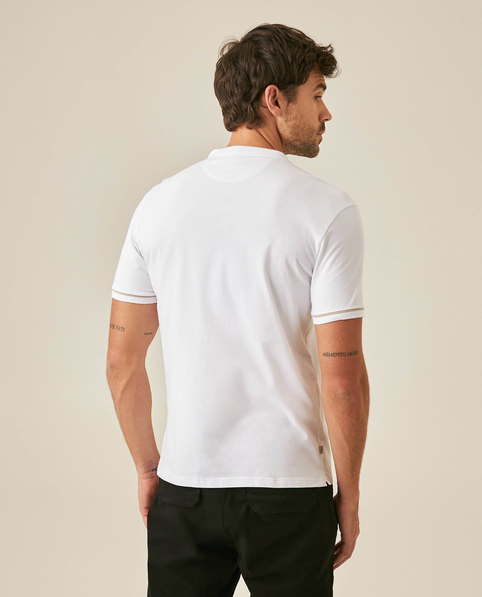 Mens Polo Shirt Slim Fit Mandarin Collar Short Sleeve Piqué Cotton Elastane Contrast Bias Details - White 63_601H027_BLA110601_6