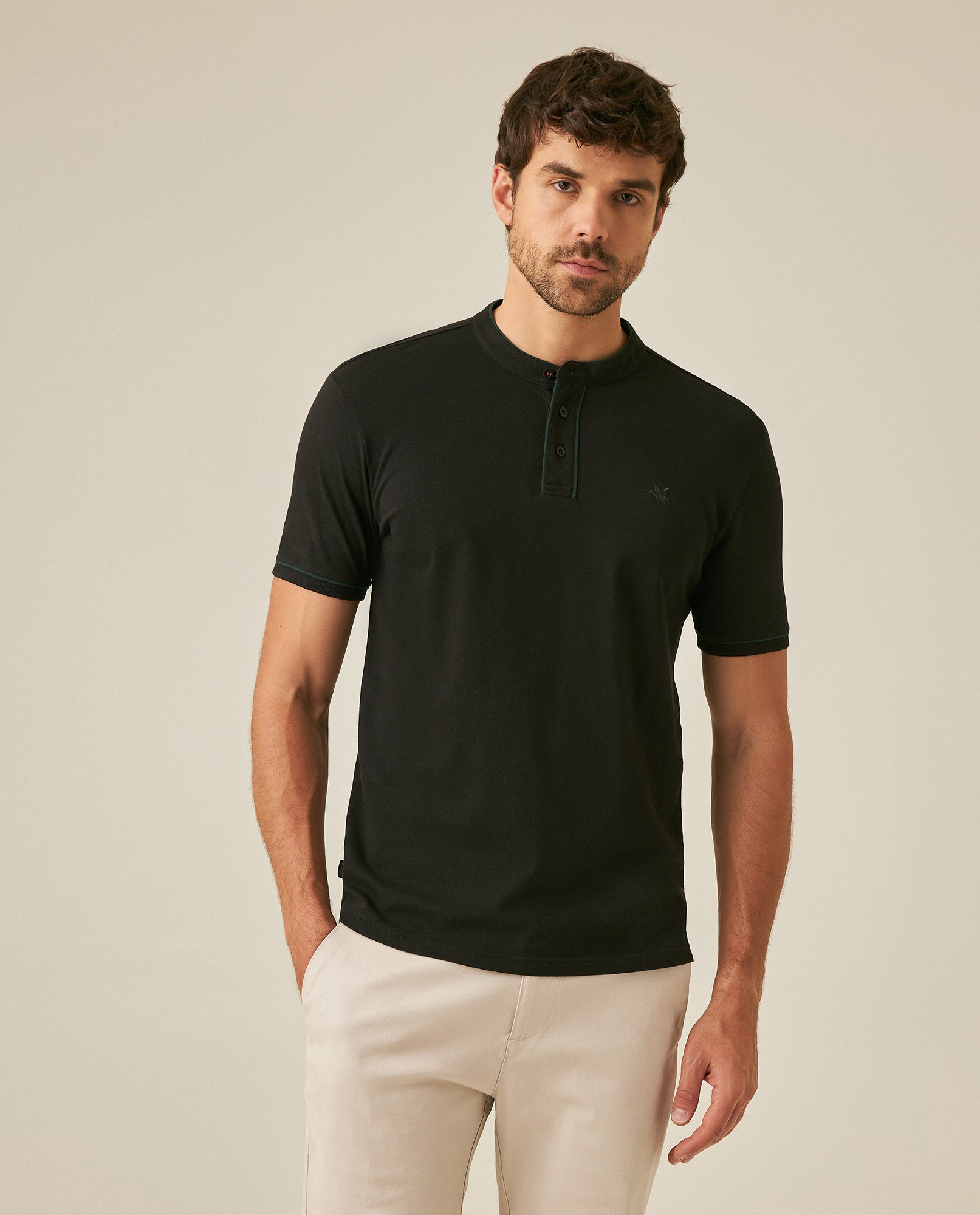 Mens Polo Shirt Slim Fit Mandarin Collar Short Sleeve Piqué Cotton Elastane Contrast Bias Details - Black 63_601H027_NEG194007_0