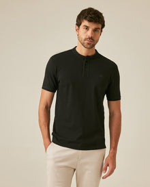 Mens Polo Shirt Slim Fit Mandarin Collar Short Sleeve Piqué Cotton Elastane Contrast Bias Details - Black 63_601H027_NEG194007_0